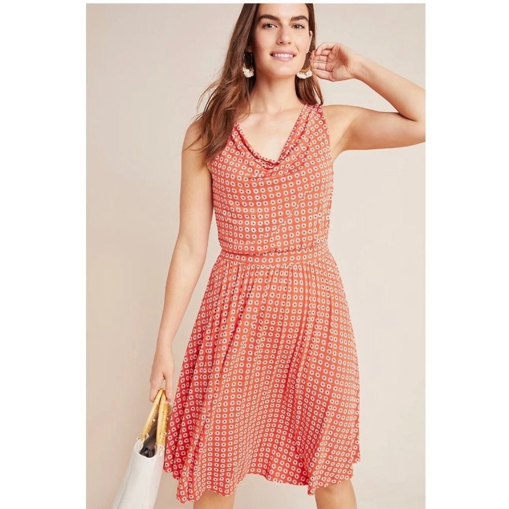 Maeve by Anthropologie Orange Daisy Print Cowl Neck Sleeveless Dress XSmall
